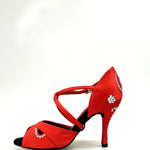 Load image into Gallery viewer, Gravity SW QC (32QC) - Women&#39;s Red Silk Satin Shoe with Swarovski Stick Design Crossed Instep Strap
