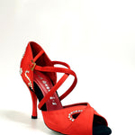 Load image into Gallery viewer, Gravity SW QC (32QC) - Women&#39;s Red Silk Satin Shoe with Swarovski Stick Design Crossed Instep Strap
