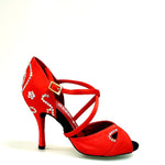 Load image into Gallery viewer, Gravity SW QC (32QC) - Women&#39;s Red Silk Satin Shoe with Swarovski Stick Design Crossed Instep Strap
