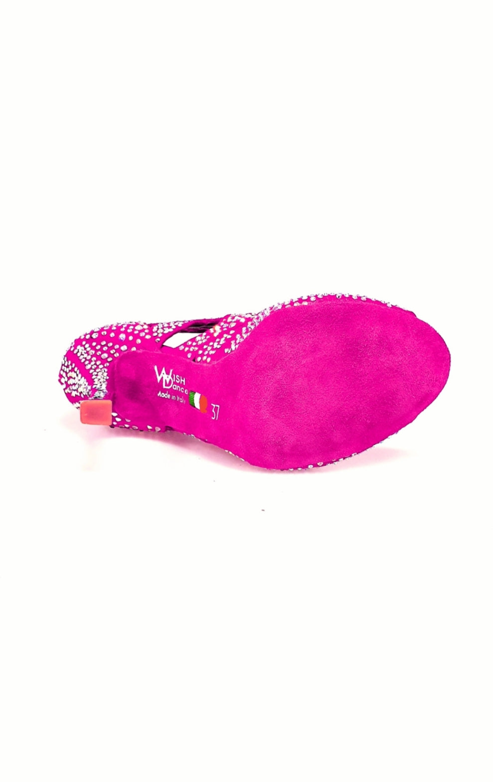 Sandalo Wish Dance Shop Olimpya Extra Plus in camoscio fuxia con Swarovski Boreali, tacco a rocchetto squadrato sottile.