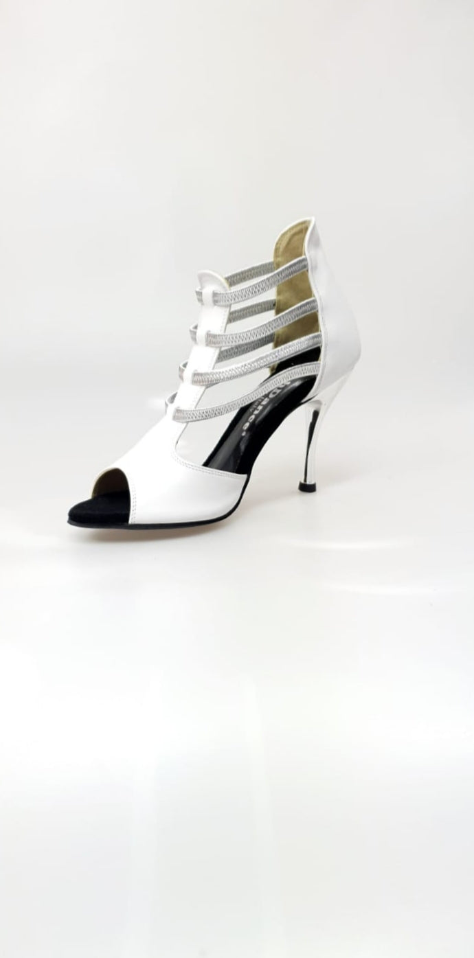 Sandalo da donna MILITE Silver (460PW) in pelle bianca, elastici argentati e tacco a spillo laminato argento, scarpa elegante Wish Dance Shop