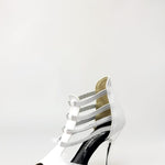 Load image into Gallery viewer, Tatyana (460PW) - Woman&#39;s Sandal in White Leather with Silver Elastics and Silver Laminated Stiletto Heel

