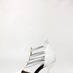 Load image into Gallery viewer, Tatyana (460PW) - Woman&#39;s Sandal in White Leather with Silver Elastics and Silver Laminated Stiletto Heel
