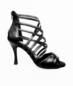 Natalia (360) - Sandalo Alto da Donna in Pelle Nera Tacco a Rocchettino squadrato sottile rivestito in pelle nera