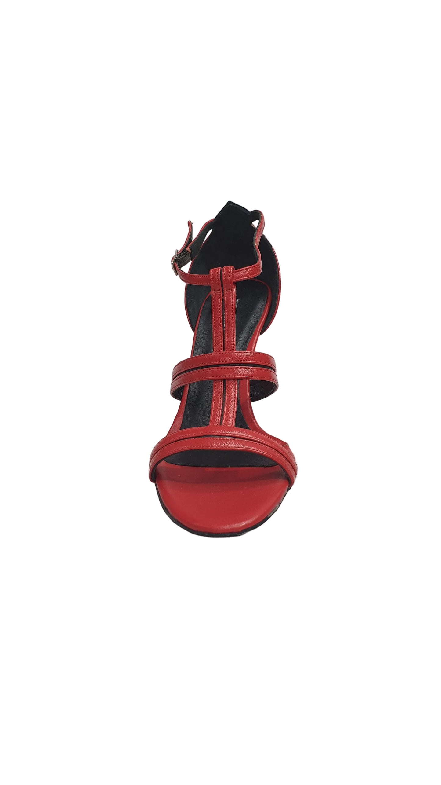 Sandalo Outlet in pelle rossa con inserto in pelle nera sul tallone, design elegante e confortevole.