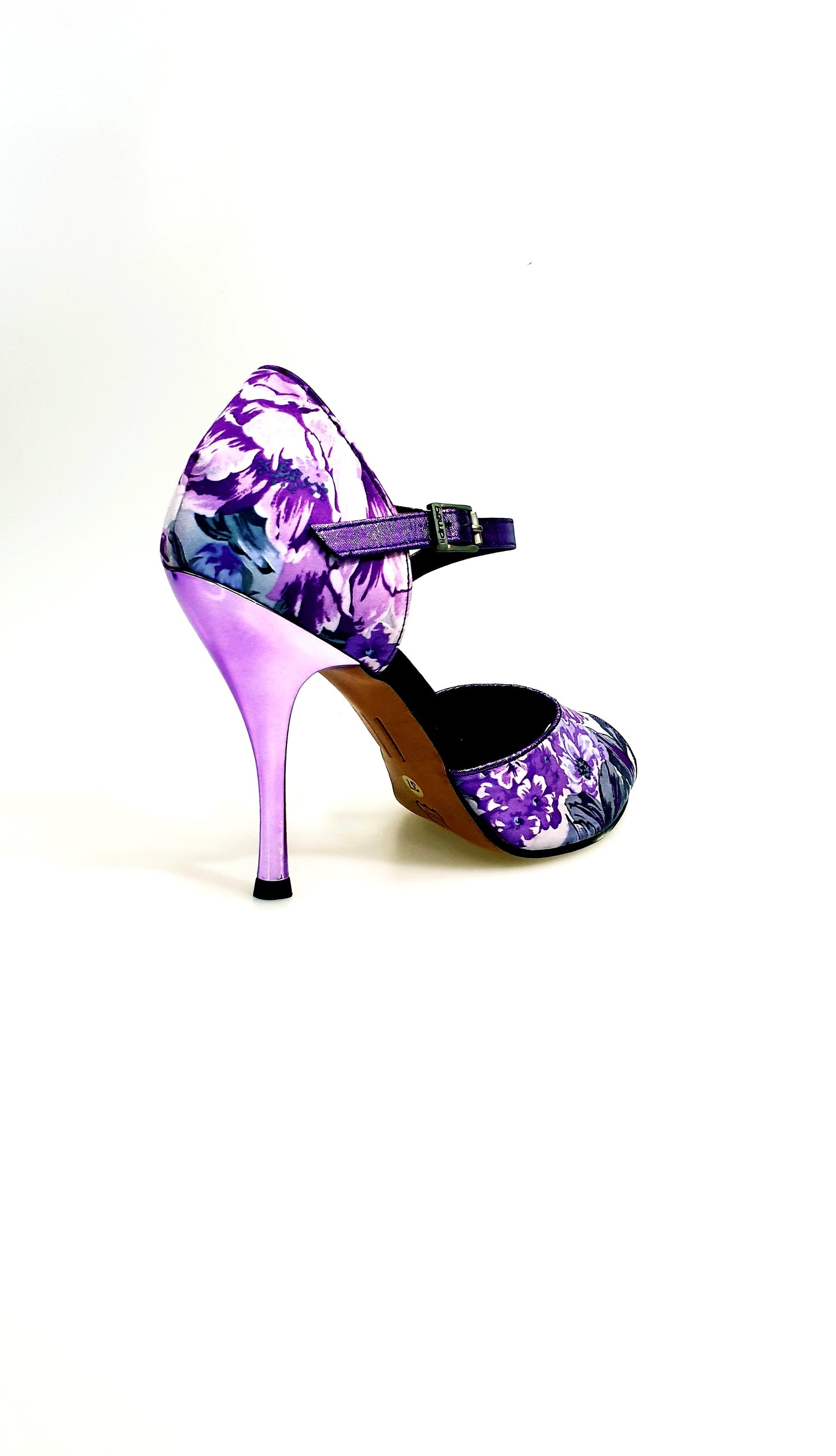 Scarpa da donna Leonor in raso di seta fiorato Caracas lilla, modello elegante e confortevole in tessuto lucido.