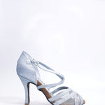 Carica immagine nella Galleria, Melany QC (45R QC) - Scarpa da donna in Glitter Argento con Retina Cinturino incrociato al collo piede e Tacco Rocchettino
