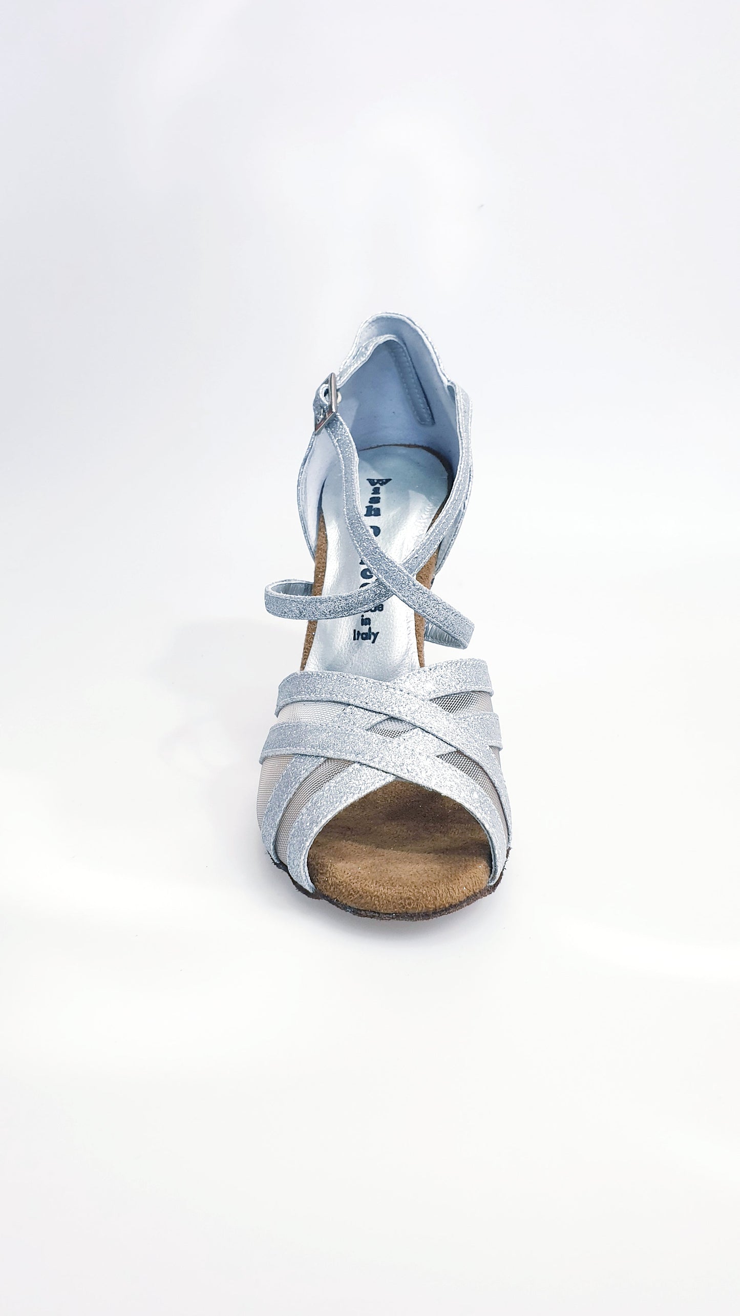 Scarpa da donna Wishdance Melany QC in glitter argento con retina e cinturino incrociato, tacco rocchetto, su sfondo neutro.