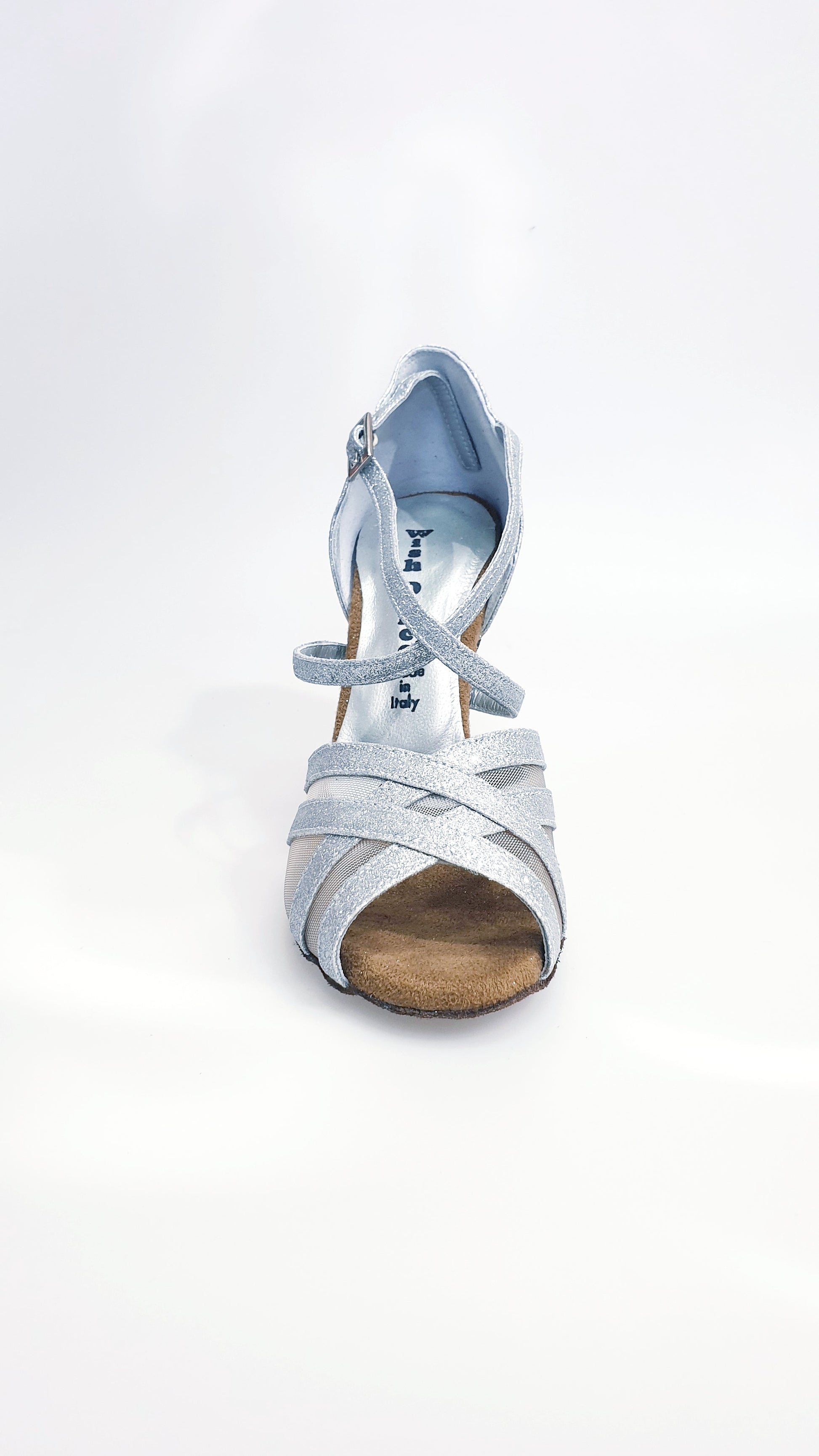 Scarpa da donna Wishdance Melany QC in glitter argento con retina e cinturino incrociato, tacco rocchetto, su sfondo neutro.