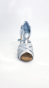 Melany QC (45R QC) - Scarpa da donna in Glitter Argento con Retina Cinturino incrociato al collo piede e Tacco Rocchettino