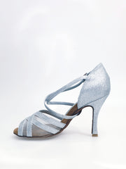 Carica immagine nella Galleria, Melany QC (45R QC) - Scarpa da donna in Glitter Argento con Retina Cinturino incrociato al collo piede e Tacco Rocchettino
