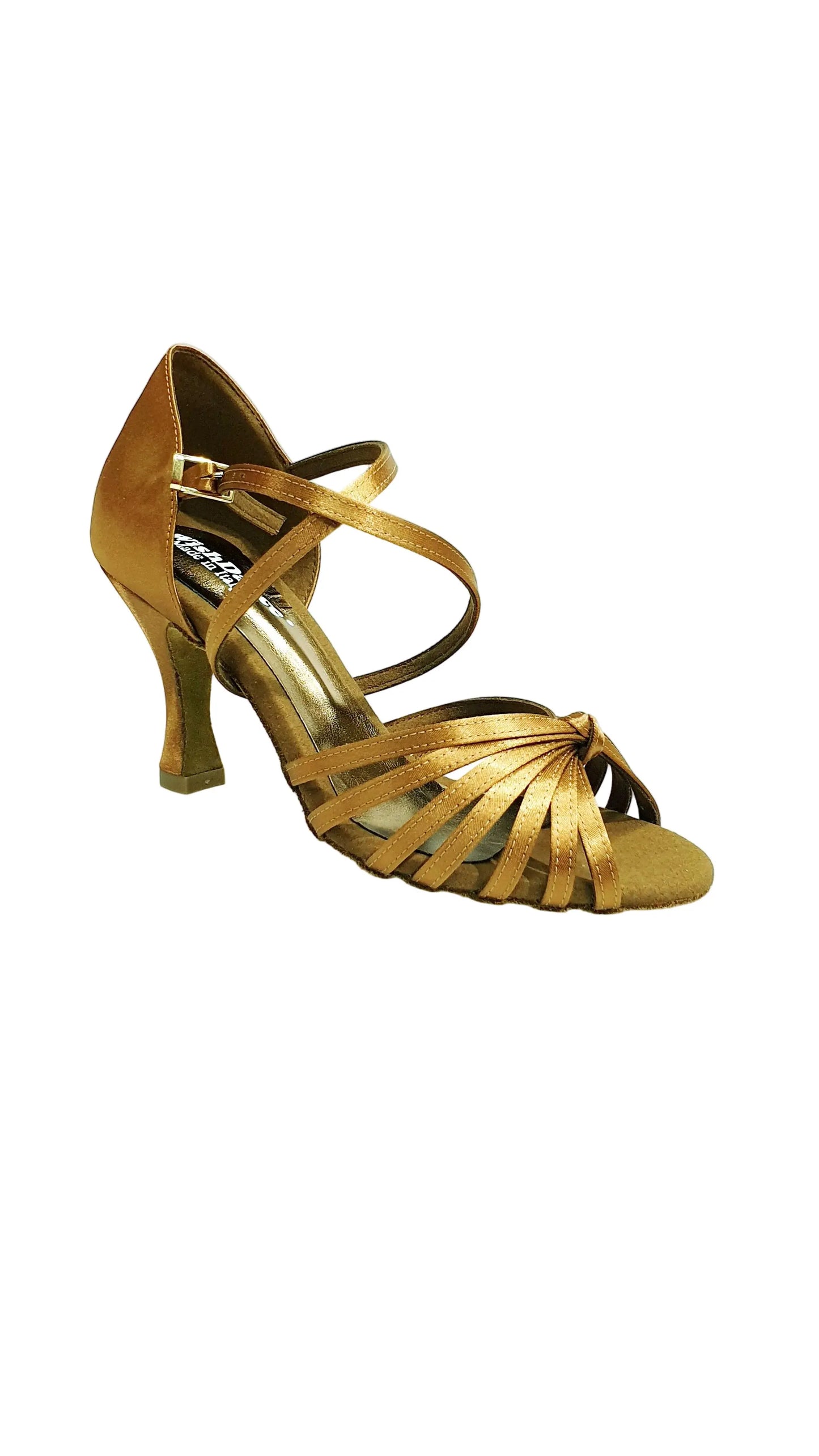 Scarpa da ballo Wishdance Fabiana in raso e seta bronzo con tacco a rocchetto, elegante e adatta a danze da donna.