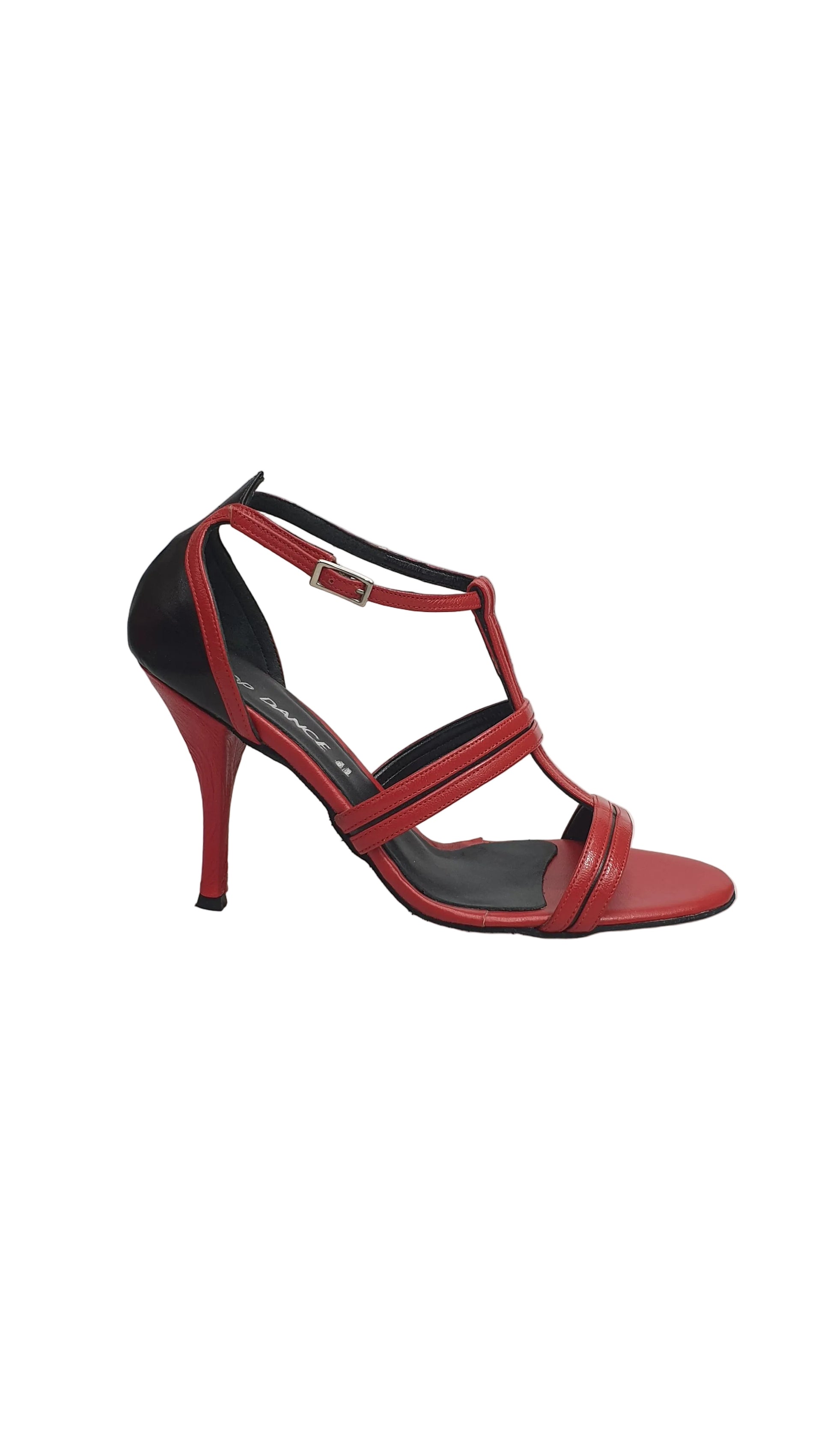 Sandalo in pelle rossa Outlet con inserto in pelle nera sul tallone, scarpa estiva elegante e comoda.