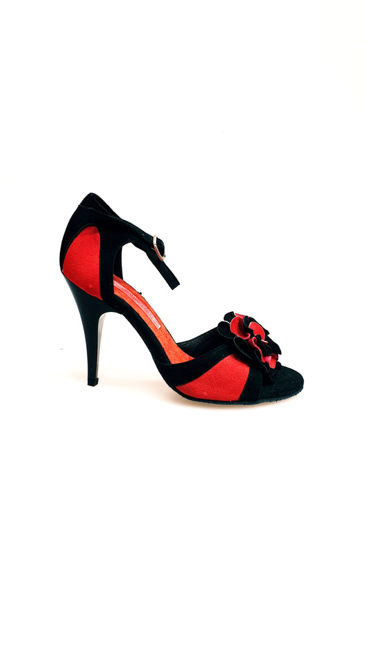 457H - Woman's Shoe in Black and Red Suede with Black and Red Suede Flower