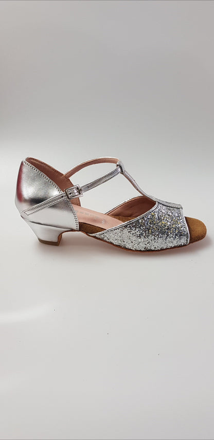 Scarpa da bambina Wishdance Linda in glitter argento con tallone e tacco in pelle argentata, design elegante e confortevole