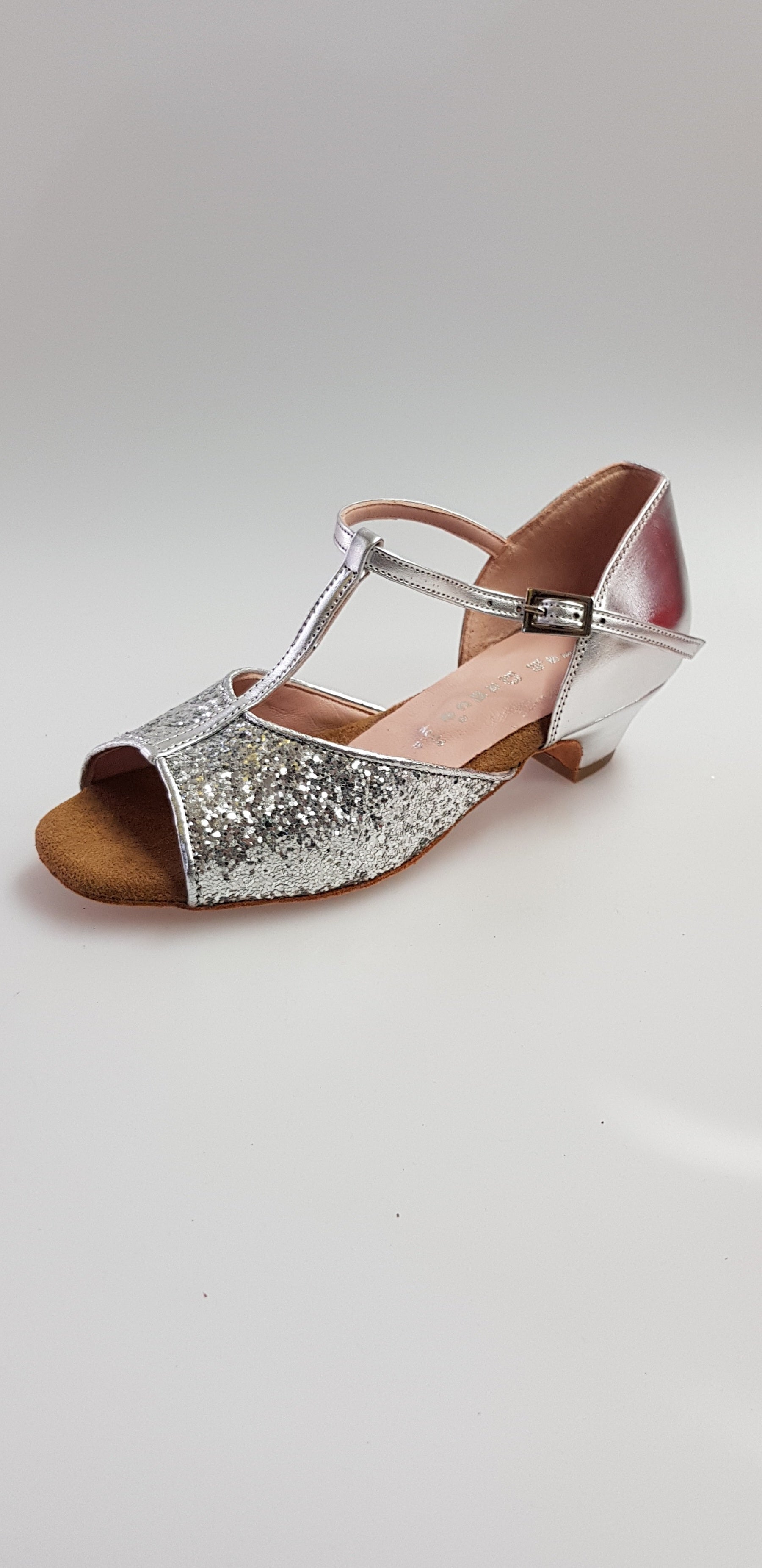 Scarpa da bambina Wishdance Linda in glitter argento con tallone e tacco in pelle argento, modello semplice e elegante