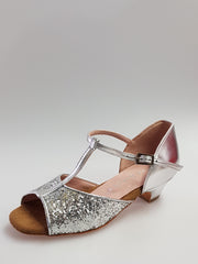 Load image into Gallery viewer, Linda - Girl&#39;s Basic Shoe in Silver Glitter with Heel and Heel in Silver Leather
