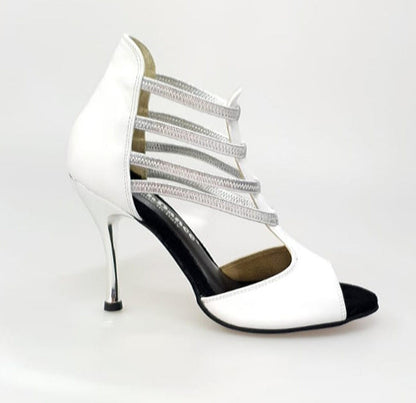 Sandalo da donna MILITE Silver (460PW) in pelle bianca con elastici argento e tacco a spillo laminato argento, scarpa elegante.