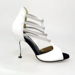 Load image into Gallery viewer, Tatyana (460PW) - Woman&#39;s Sandal in White Leather with Silver Elastics and Silver Laminated Stiletto Heel

