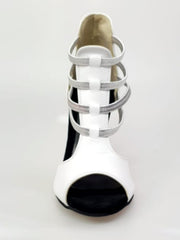 Carica immagine nella Galleria, MILITE Silver (460PW) - Sandalo da Donna in Pelle Bianca con Elastici Argento e Tacco a spillo laminato Argento
