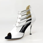 Load image into Gallery viewer, Tatyana (460PW) - Woman&#39;s Sandal in White Leather with Silver Elastics and Silver Laminated Stiletto Heel
