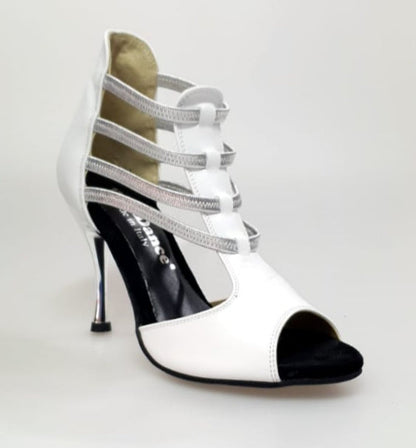 Sandalo da donna MILITE Silver in pelle bianca, elastici argento e tacco a spillo laminato argento, scarpa elegante Wish Dance Shop