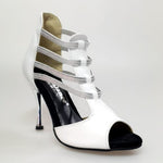 Load image into Gallery viewer, Tatyana (460PW) - Woman&#39;s Sandal in White Leather with Silver Elastics and Silver Laminated Stiletto Heel
