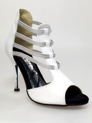 Carica immagine nella Galleria, MILITE Silver (460PW) - Sandalo da Donna in Pelle Bianca con Elastici Argento e Tacco a spillo laminato Argento
