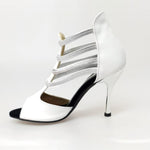 Load image into Gallery viewer, Tatyana (460PW) - Woman&#39;s Sandal in White Leather with Silver Elastics and Silver Laminated Stiletto Heel
