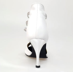 Tatyana (460PW) - Woman's Sandal in White Leather with Silver Elastics and Silver Laminated Stiletto Heel