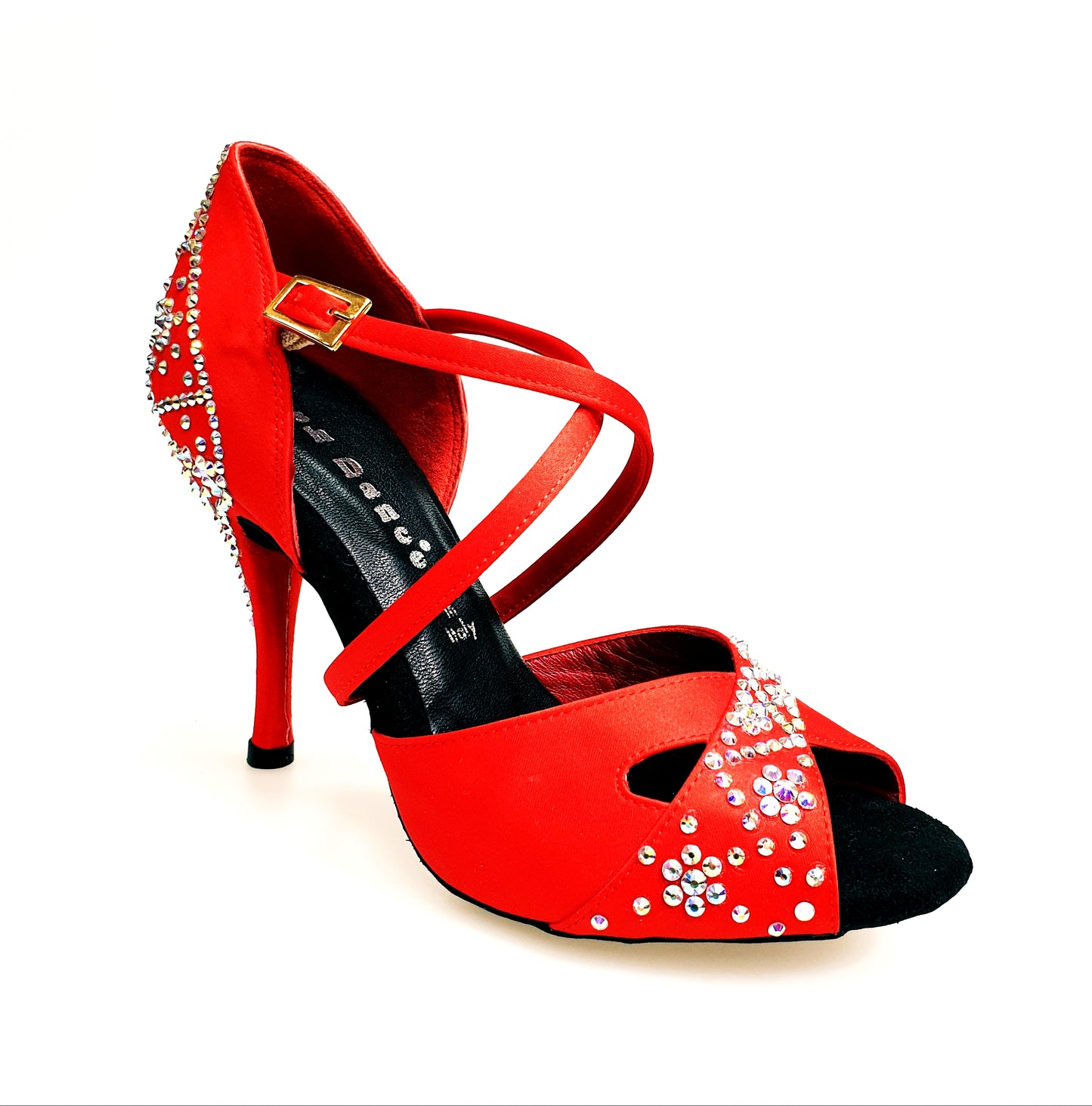 Scarpa da donna Consuelo Plus QC Wish Dance Shop in raso seta rossa con Swarovski Boreali e cinturino incrociato sul colletto.