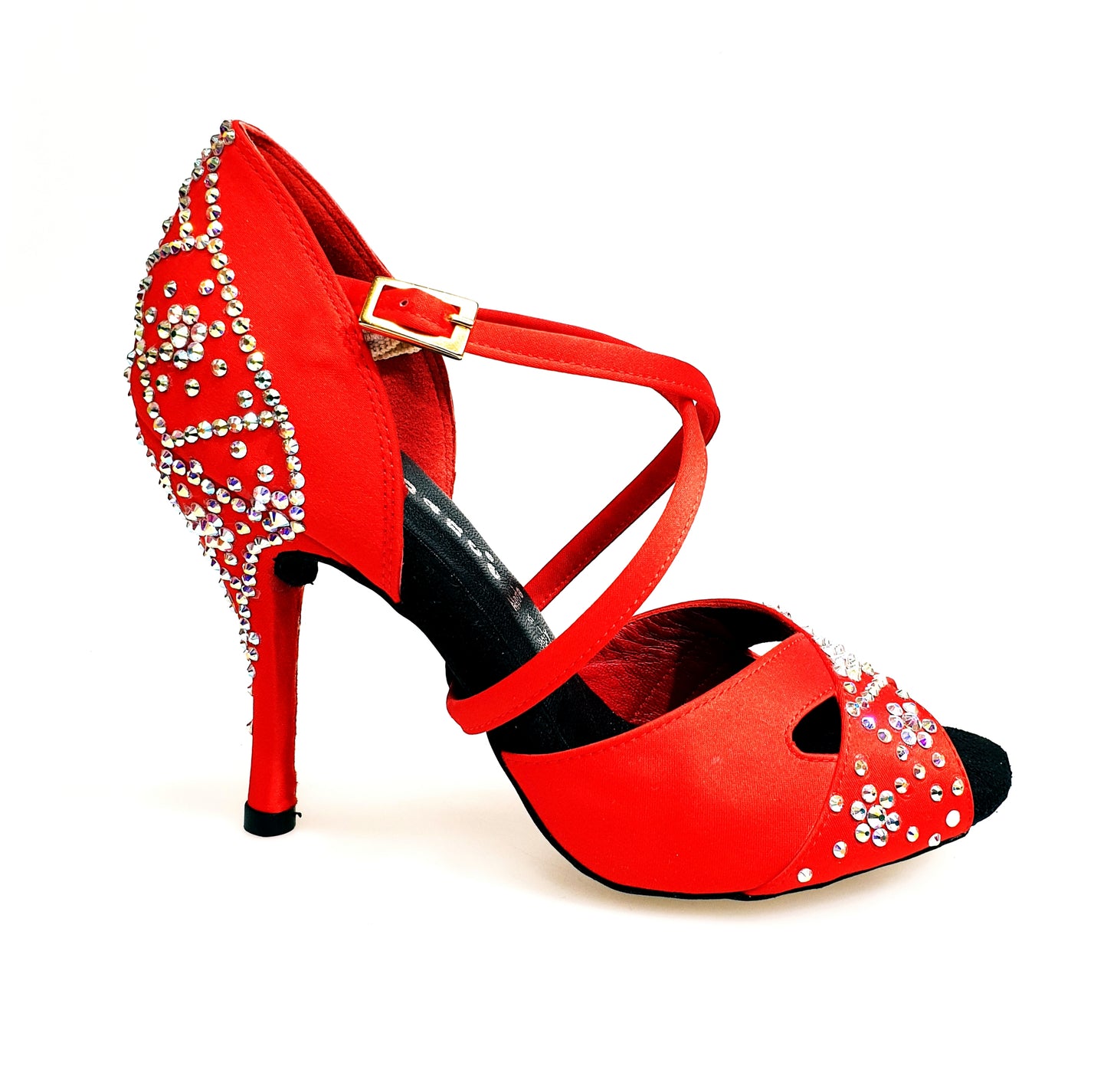 Scarpa da donna Consuelo Plus QC Wish Dance Shop in raso seta rosso con Swarovski boreali e cinturino incrociato sul collopiede
