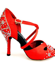 Load image into Gallery viewer, Consuelo Plus QC (32QC SW Plus) - Women&#39;s shoe Red Silk Satin with Swarovski Boreal Cross strap on the instep

