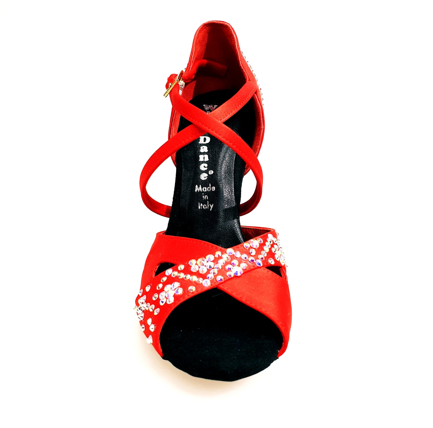 Scarpa da donna Wish Dance Shop Consuelo Plus QC in raso seta rosso con Swarovski Boreali e cinturino incrociato sul collopiede