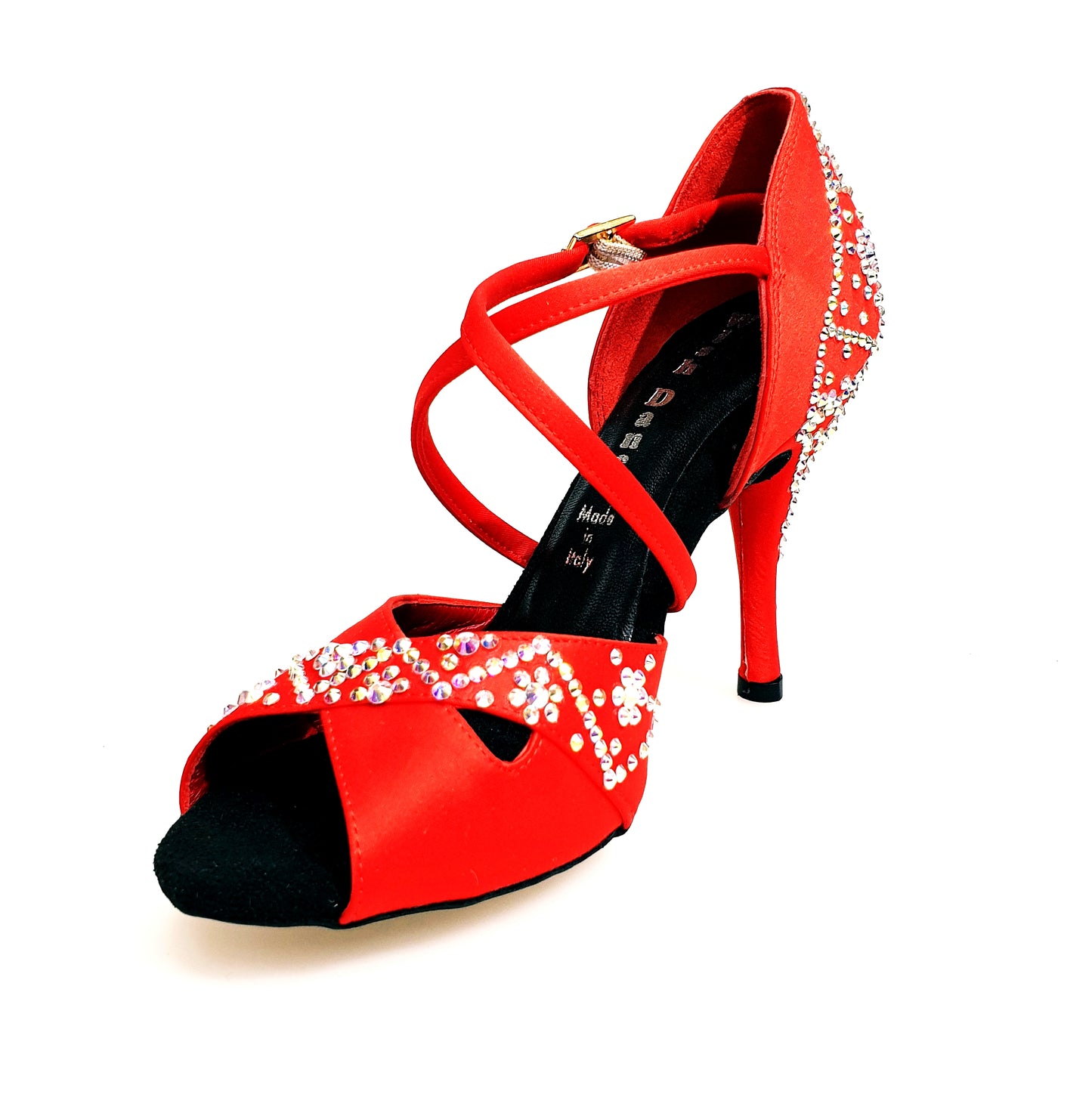 Scarpa da donna Consuelo Plus QC Wish Dance Shop in raso seta rosso con Swarovski Boreali e cinturino incrociato sul collopiede