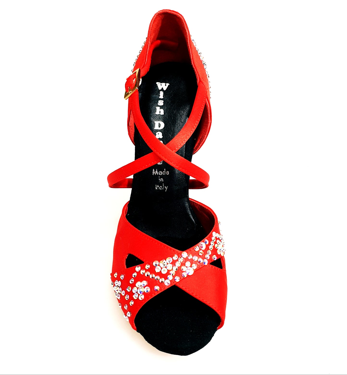 Scarpa da donna Wish Dance Shop Consuelo Plus QC in raso di seta rossa con Swarovski Boreali e cinturino incrociato sul collo.