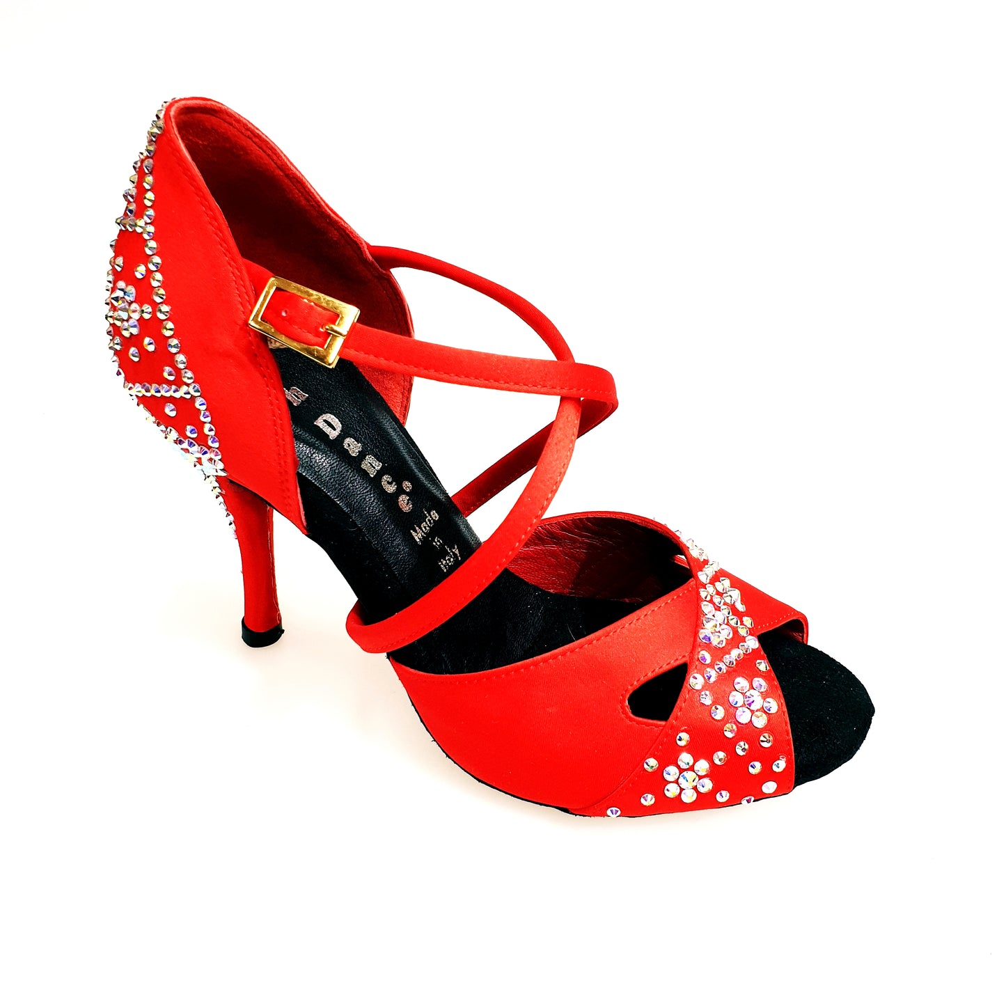 Scarpa da donna Consuelo Plus QC Wish Dance Shop in raso seta rossa con Swarovski Boreali e cinturino incrociato sul collopiede