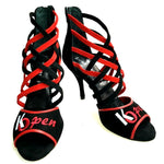 Carica immagine nella Galleria, Megan (161) K.Open - Sandalo da Donna in Camoscio nero Strisce in camoscio Rosso e camoscio Nero Ricamo Kizomba Open rosso
