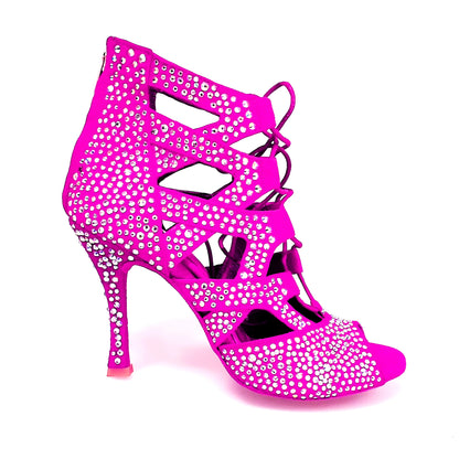 Sandalo a tronchetto Olimpya Extra Plus in camoscio fuxia con Swarovski e tacco squadrato sottile, stile elegante e alla moda