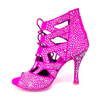 Load image into Gallery viewer, Olimpya Extra Plus - Sandalo a Tronchetto in Camoscio Fuxia e Swarovski Boreali Tacco a Rocchettino Squadrato Sottile
