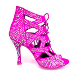 Load image into Gallery viewer, Olimpya Extra Plus - Sandalo a Tronchetto in Camoscio Fuxia e Swarovski Boreali Tacco a Rocchettino Squadrato Sottile
