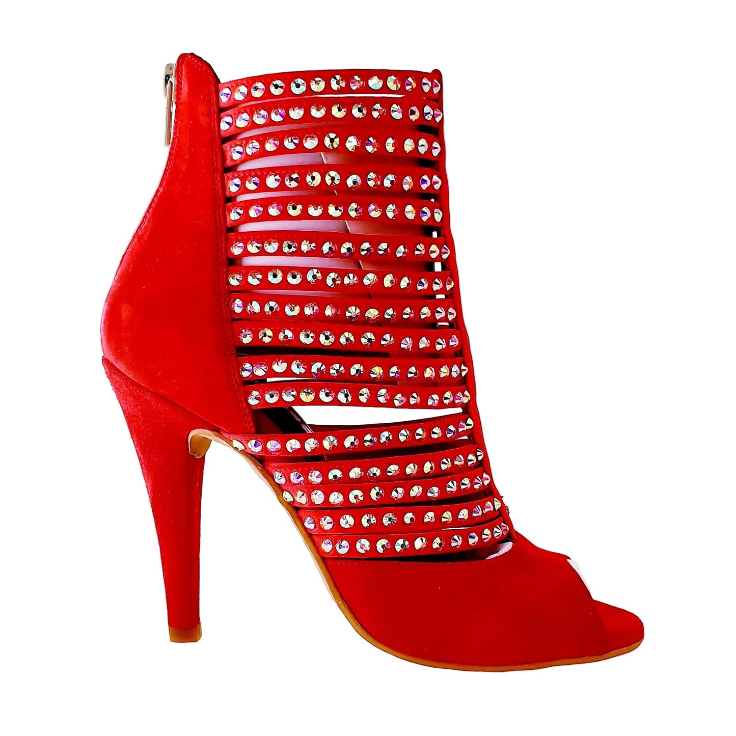 Sandalo donna Elizabeth Plus Wish Dance Shop in camoscio beige e rosso con zip e dettagli Swarovski Boreali, scarpa elegante e alla moda