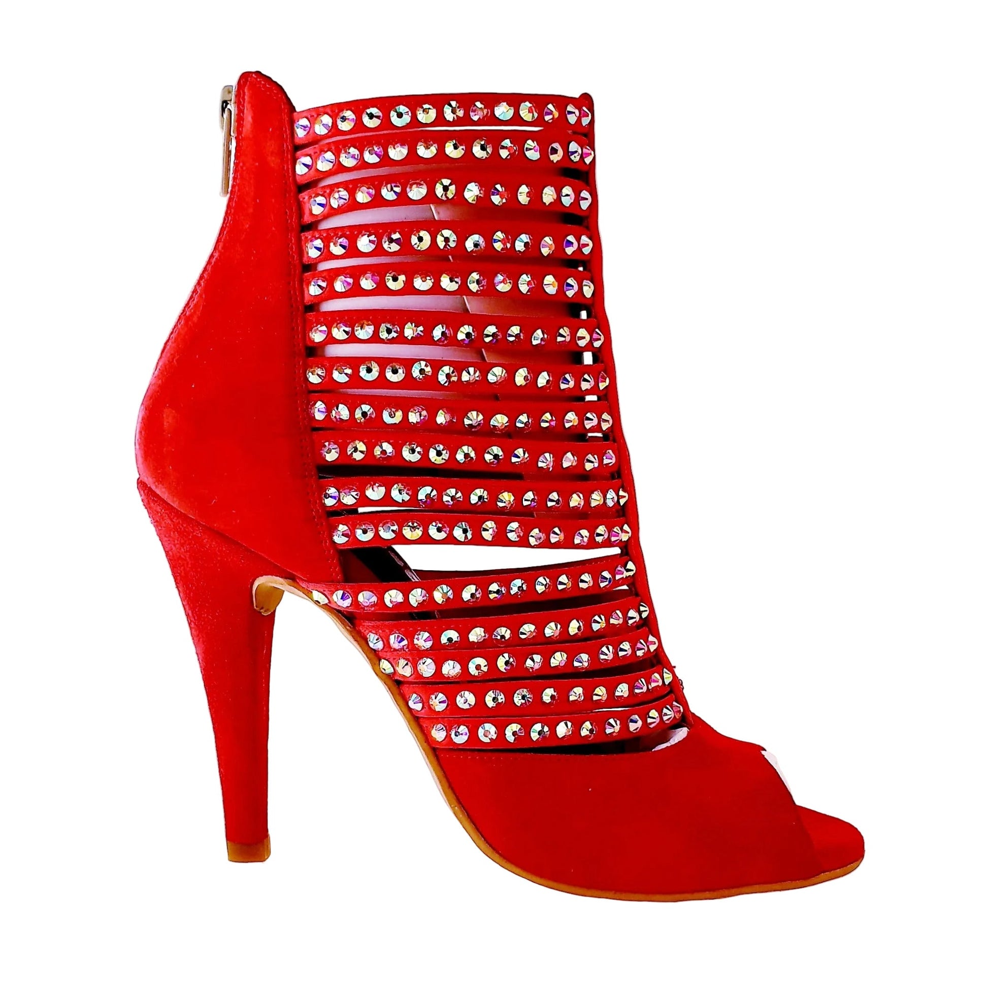 Sandalo donna Elizabeth Plus Wish Dance Shop in camoscio beige e rosso con zip e dettagli Swarovski Boreali, scarpa elegante e alla moda