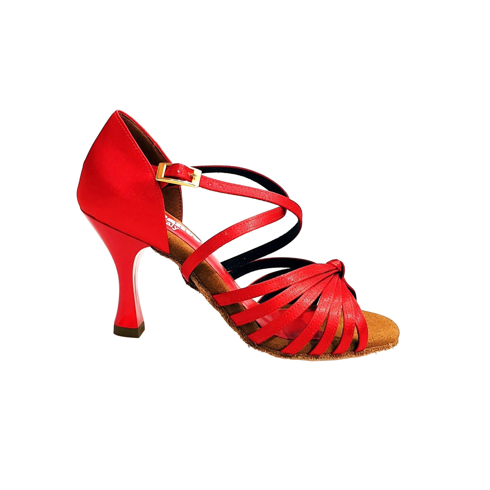 Scarpa da ballo Fabiana Wish Dance Shop in raso di seta rossa, tacco a rocchetto e fascette, ideale per danze eleganti.