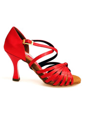 Load image into Gallery viewer, Fabiana (205/7) - Seven Bands Red Silk Satin Basic Dance Shoe with Red Enamel Spool Heel
