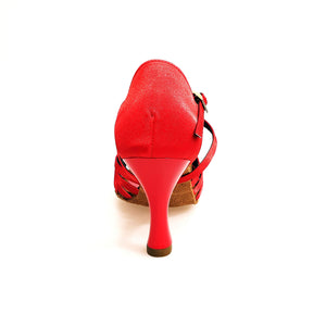 Fabiana (205/7) - Scarpa da Ballo Basica da Donna Raso Seta Rosso Sette Fascette con Tacco a Rocchetto Smaltato Rosso
