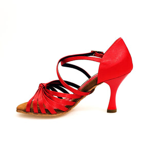 Fabiana (205/7) - Seven Bands Red Silk Satin Basic Dance Shoe with Red Enamel Spool Heel