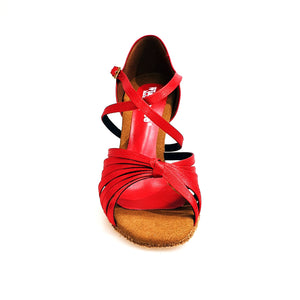 Fabiana (205/7) - Seven Bands Red Silk Satin Basic Dance Shoe with Red Enamel Spool Heel