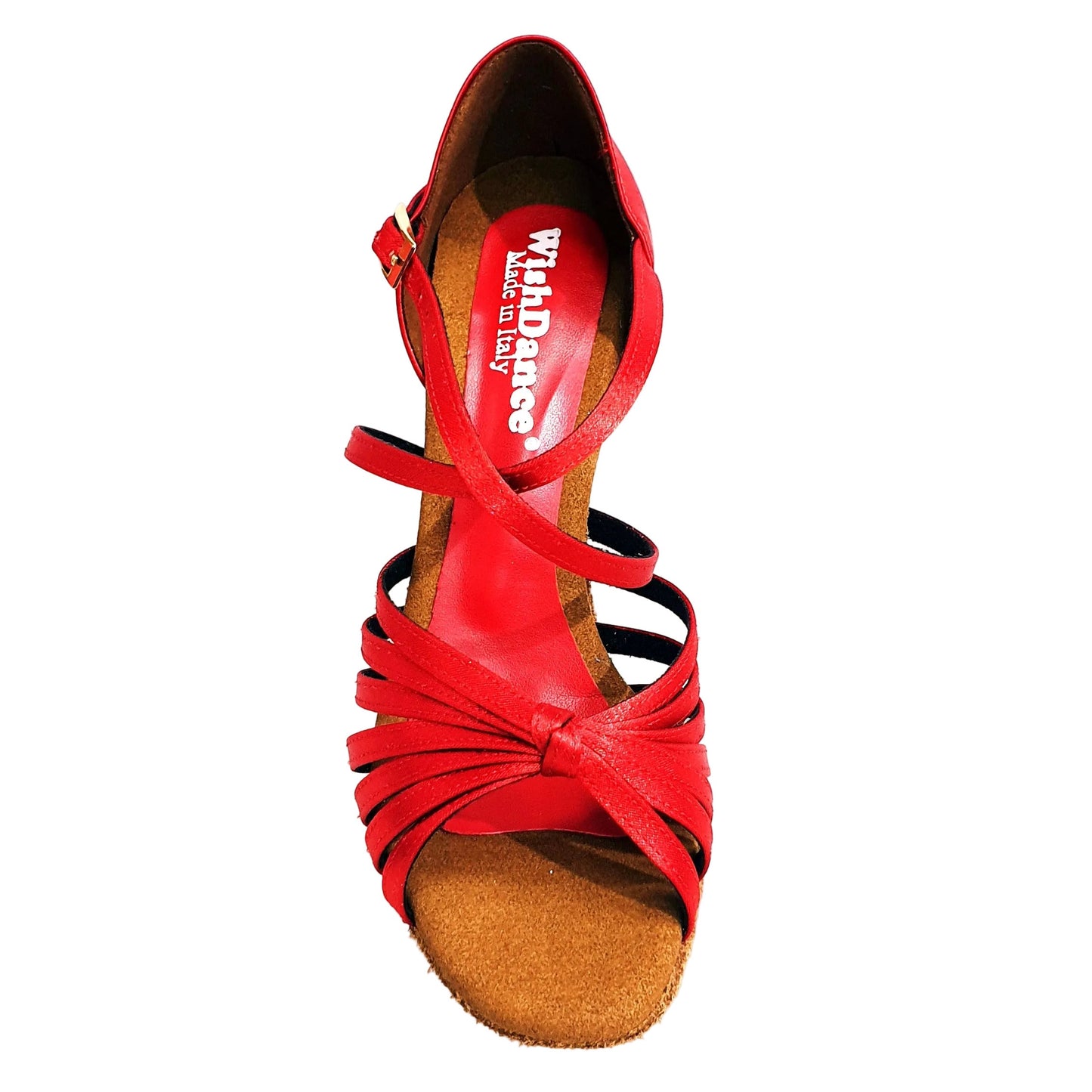 Scarpa da ballo Fabiana Wish Dance Shop in raso di seta rossa, tacco a rocchetto, fascette e dettagli smaltati rossi.