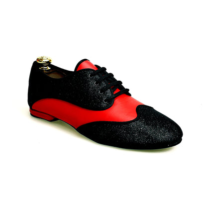 Scarpa jazz Billie Diablo Wish Dance Shop con glitter nero e pelle rossa, suola avanti e sottolacci per danza jazz.